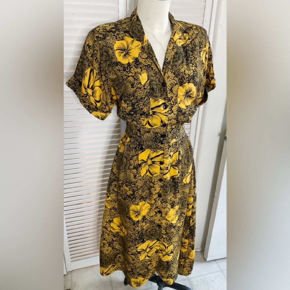 1980s Vintage Dress By YOUNG EDWARDIAN black Rayon W/yellow Flowers